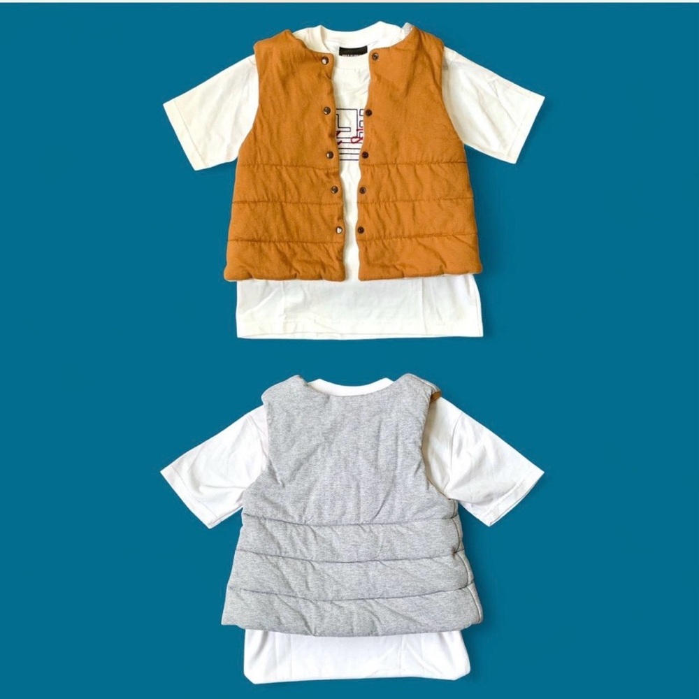 reversible puffy puffer padded vest grey gray orange brown snap front